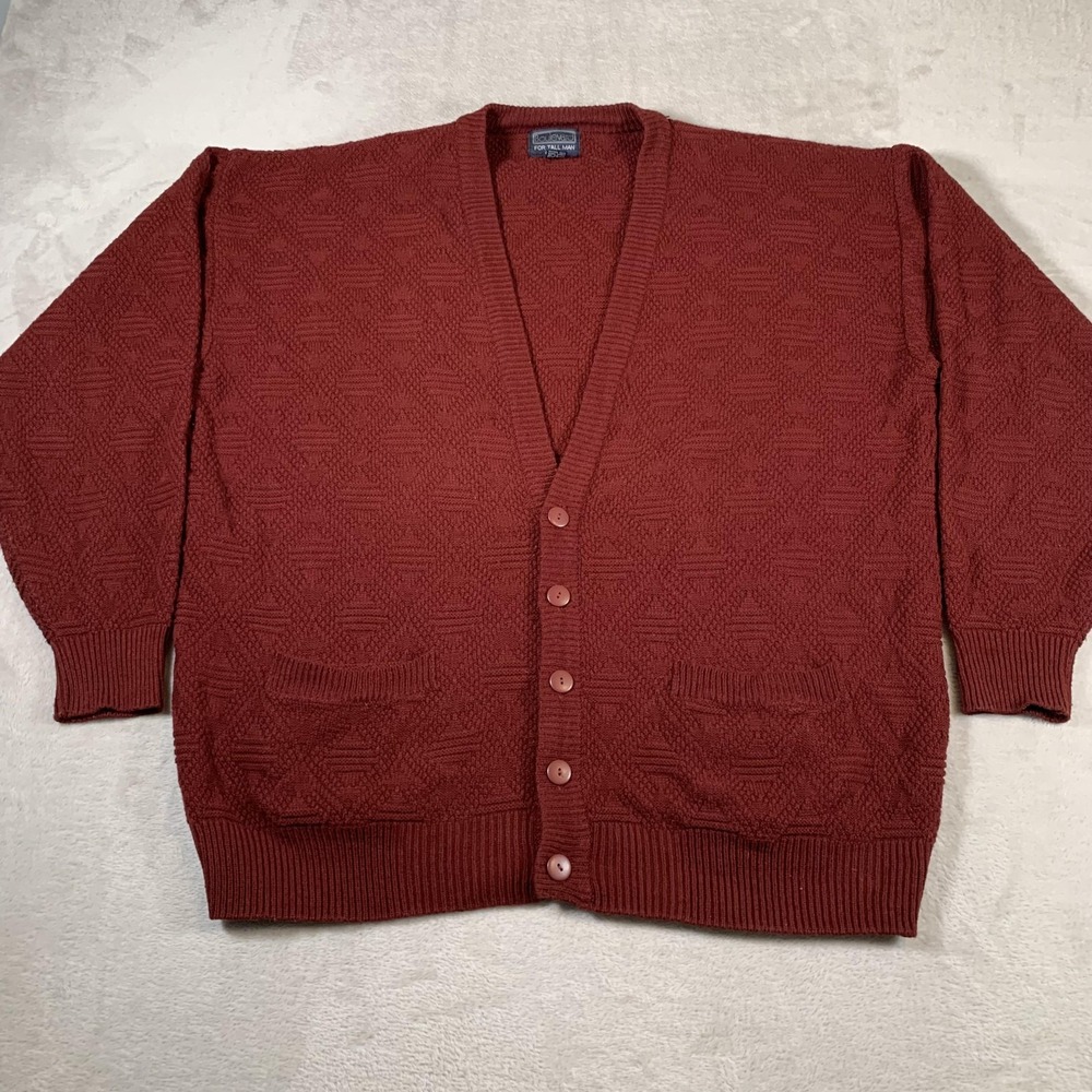 Vintage Boulevard‎ Cardigan Sweater Mens 2XL Tall Red Knit Acrylic Geometric 90s